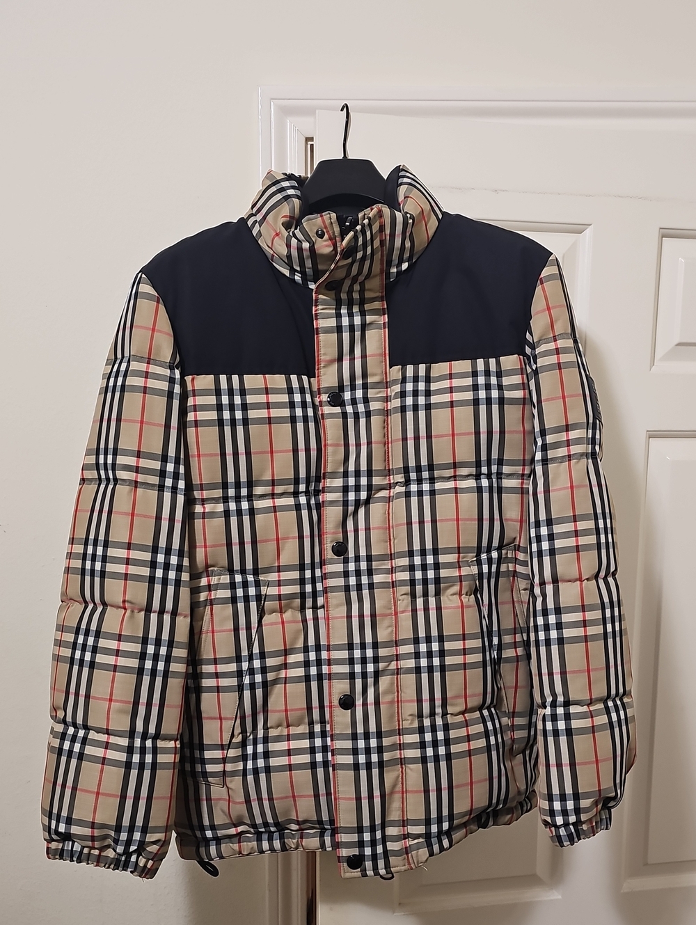 Reversible Burberry Men's Beige Plaid Puffer Jacket with Black Yoke